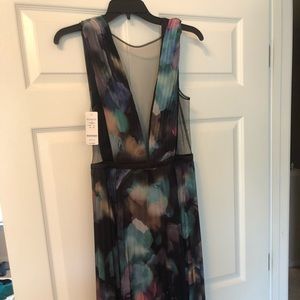 BEBE Deep V Pleated Floral Gown